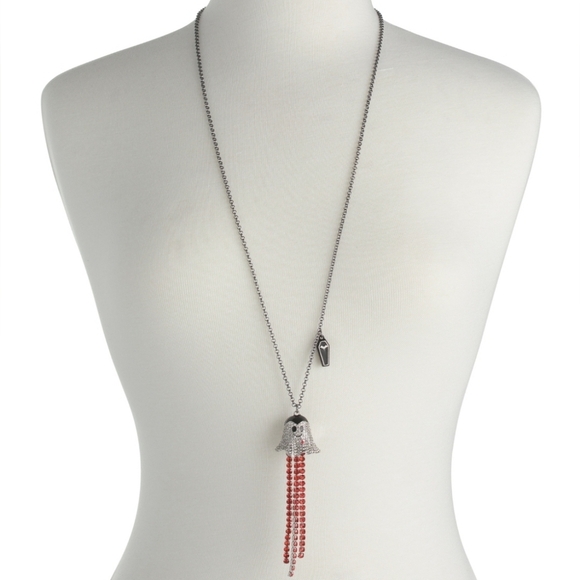 🔹️Betsey Johnson🔹️ Silver and Red Crystal Ghost Y Neck Tassel Necklace - Picture 1 of 3